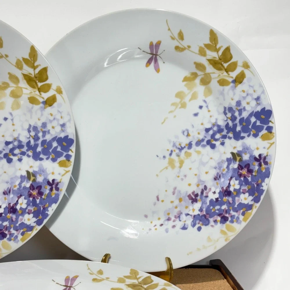 Gibson Everyday Wisteria Dragonfly Dinner Plates Set of 4 Purple Floral 90s